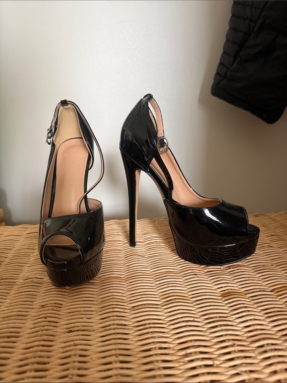 Black Patent Peep-Toe Platform Heels with Ankle Strap